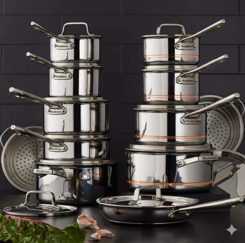 MezaHomes Professional 12-Piece 5-Ply Copper Core Stainless Steel Cookware Set - Image 4